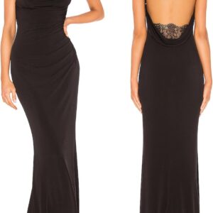 Aigeman Women Spaghetti Straps Mermaid Evening Gown Wedding Guest Dress Drape Neck Lace Backless Formal Maxi Dress 21