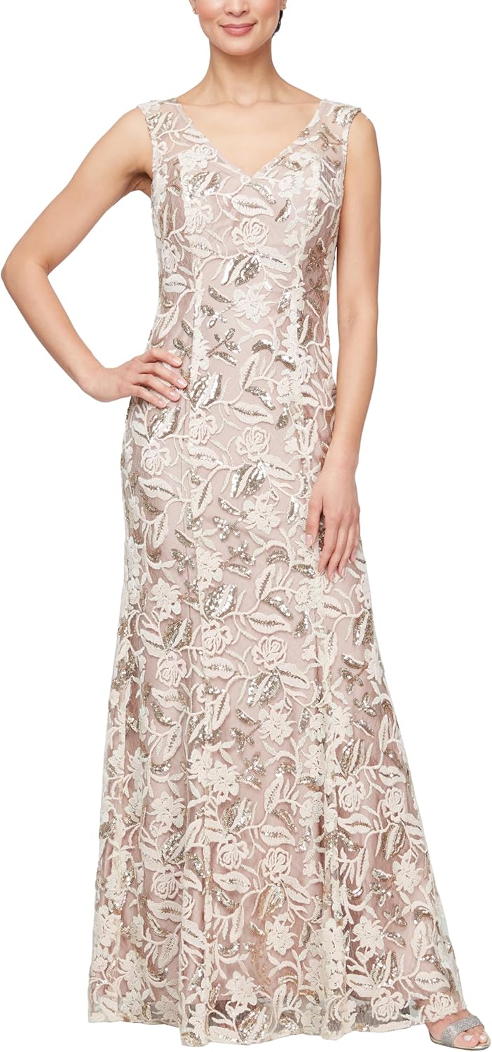 Alex Evenings Women's Floor Length Sleeveless V-Neck, Elegant Mother of The Bride Dress, Formal Events