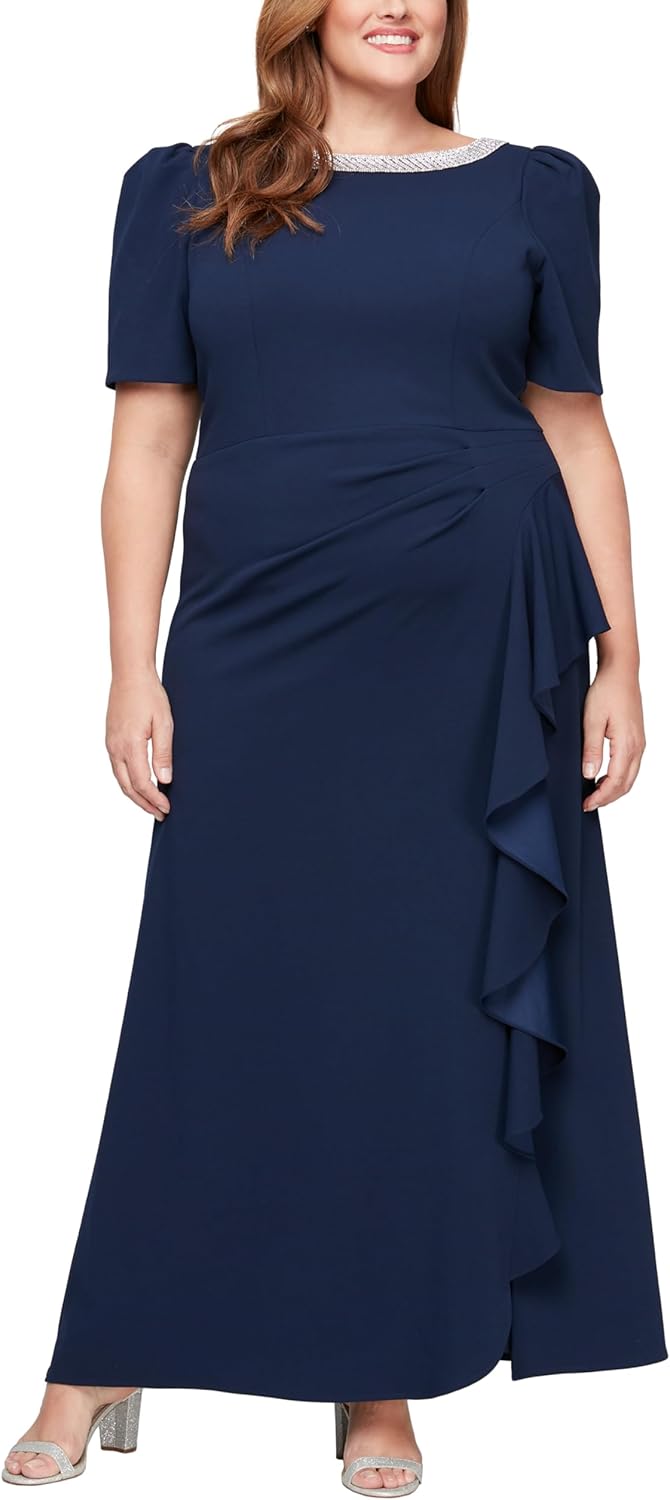 Alex Evenings Women's Long Embellished Neck Elbow Puff Sleeve, Mother of The Bride, Formal Dress (Plus Size)