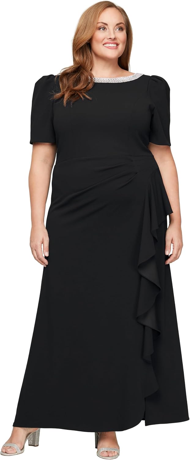 Alex Evenings Women's Long Embellished Neck Elbow Puff Sleeve, Mother of The Bride, Formal Dress (Plus Size)