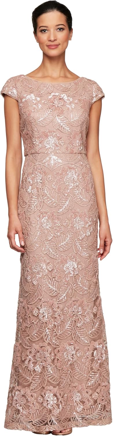Alex Evenings Women's Long Embroidered Cap Sleeve Dress