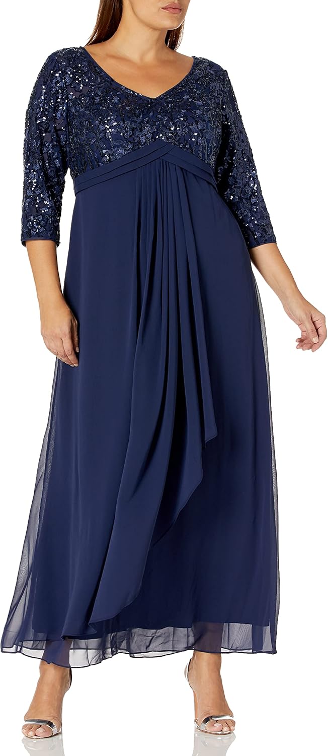 Alex Evenings Women's Long Lace Top Mother of The Bride Dress with Empire Waist (Plus Size)