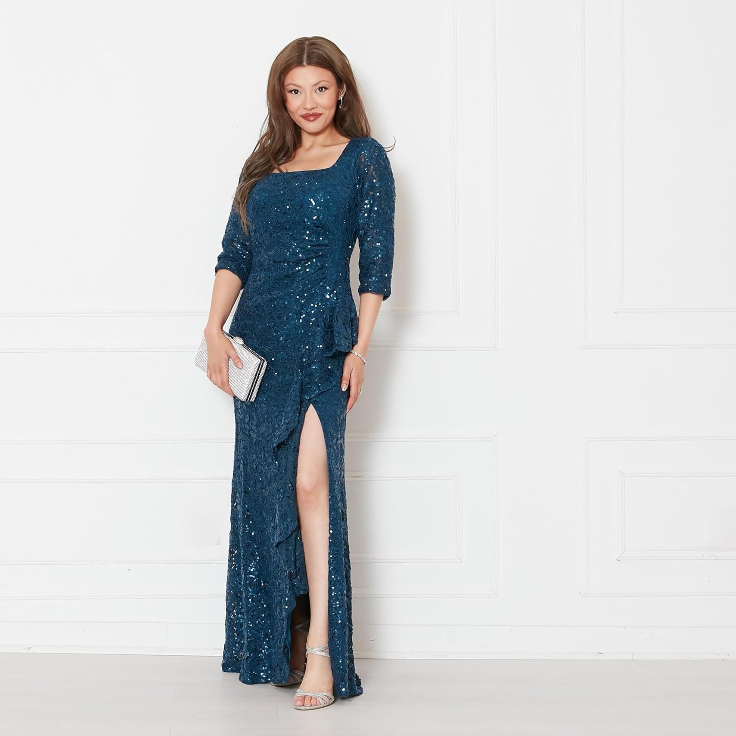 Alex Evenings Women's Long Length Sequin Mother of The Bride Gown, Formal Event Dress with ¾ Sleeves and Cascade Ruffle - Image 5