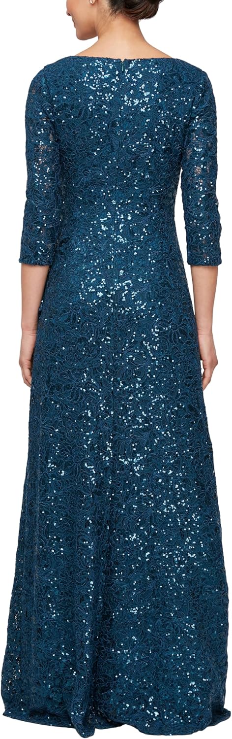 Alex Evenings Women's Long Length Sequin Mother of The Bride Gown, Formal Event Dress with ¾ Sleeves and Cascade Ruffle - Image 2