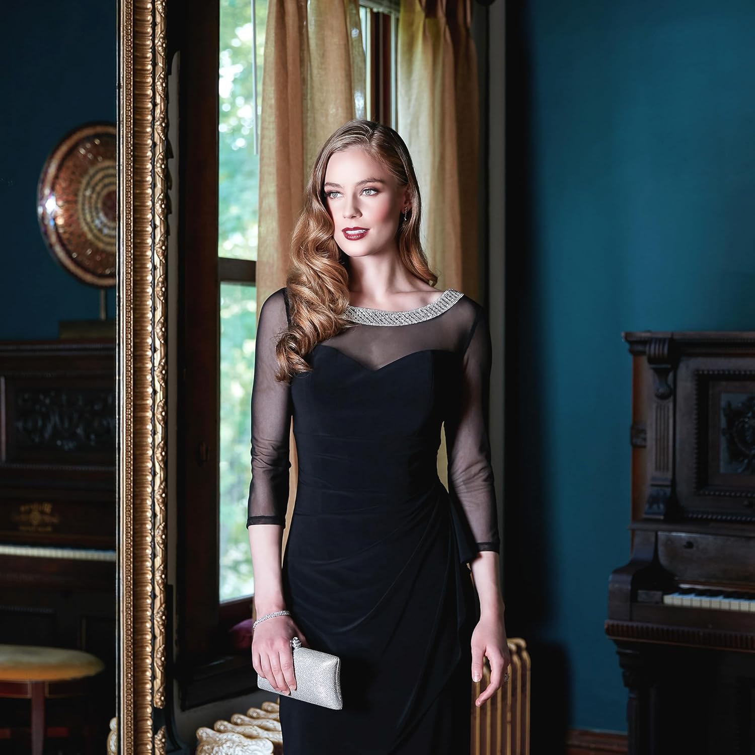 Alex Evenings Women's Long Matte Jersey Mother of The Bride Dress with 3\/4 Illusion Sleeves (Petite and Regular Sizes) - Image 2