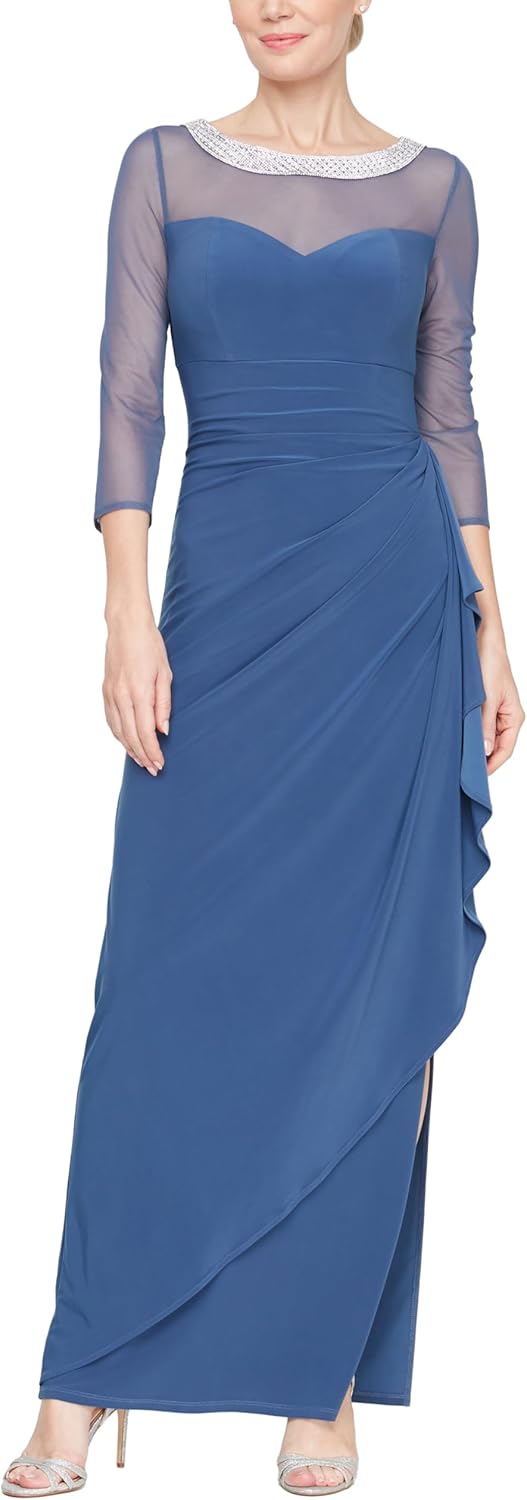 Alex Evenings Women's Long Matte Jersey Mother of The Bride Dress with 3\/4 Illusion Sleeves (Petite and Regular Sizes) - Image 4