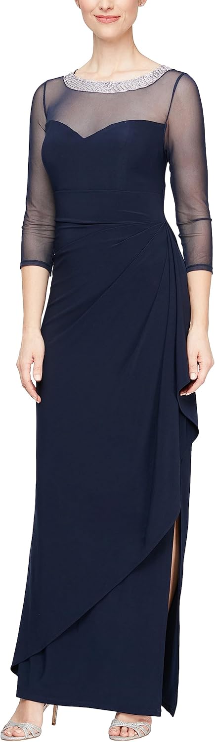 Alex Evenings Women's Long Matte Jersey Mother of The Bride Dress with 3\/4 Illusion Sleeves (Petite and Regular Sizes) - Image 6