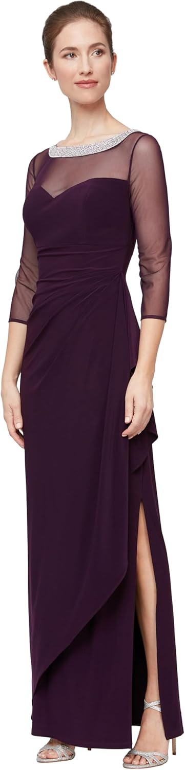 Alex Evenings Women's Long Matte Jersey Mother of The Bride Dress with 3\/4 Illusion Sleeves (Petite and Regular Sizes) - Image 5