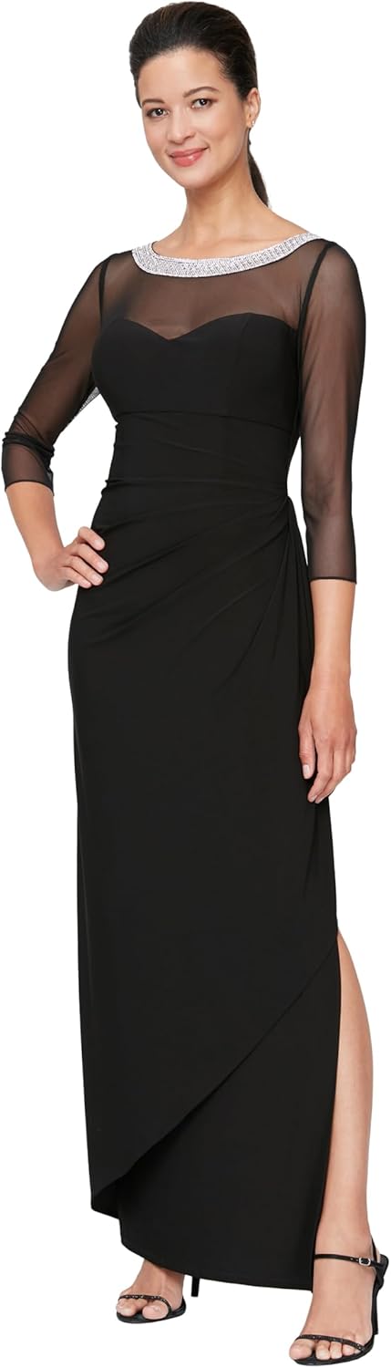 Alex Evenings Women's Long Matte Jersey Mother of The Bride Dress with 3\/4 Illusion Sleeves (Petite and Regular Sizes)