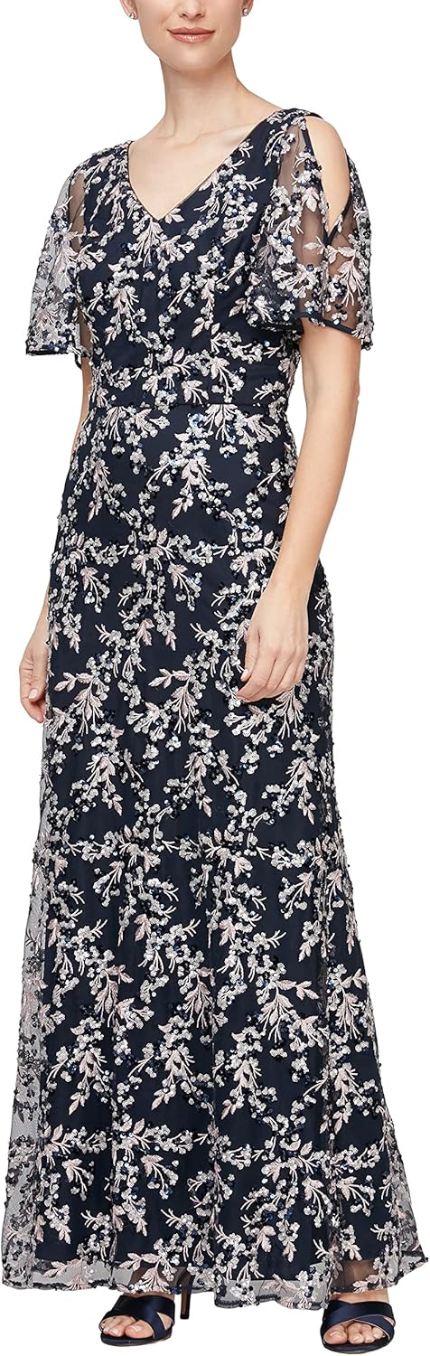 Alex Evenings Women's Long Mother of The Bride Sequin Dress with Cold Shoulder Flutter Sleeves (Petite and Regular Sizes) - Image 9