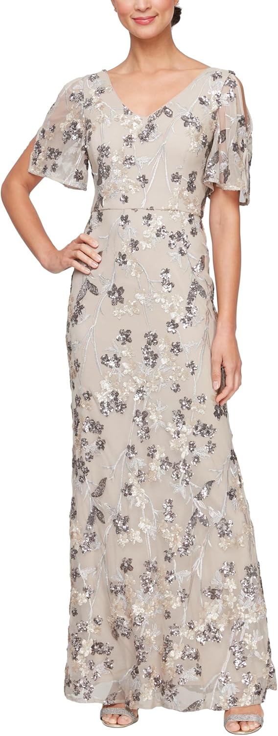 Alex Evenings Women's Long Mother of The Bride Sequin Dress with Cold Shoulder Flutter Sleeves (Petite and Regular Sizes) - Image 12