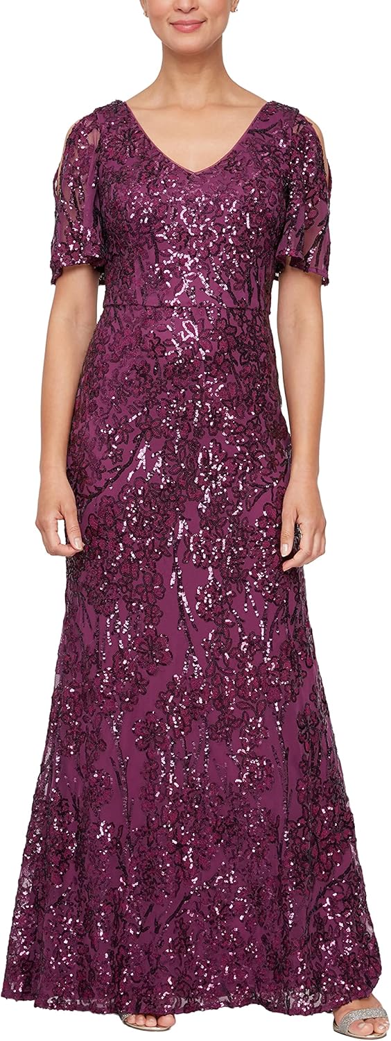 Alex Evenings Women's Long Mother of The Bride Sequin Dress with Cold Shoulder Flutter Sleeves (Petite and Regular Sizes) - Image 10