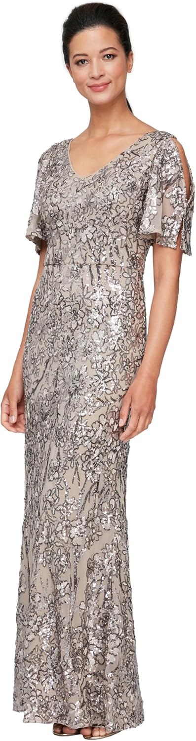 Alex Evenings Women's Long Mother of The Bride Sequin Dress with Cold Shoulder Flutter Sleeves (Petite and Regular Sizes) - Image 10