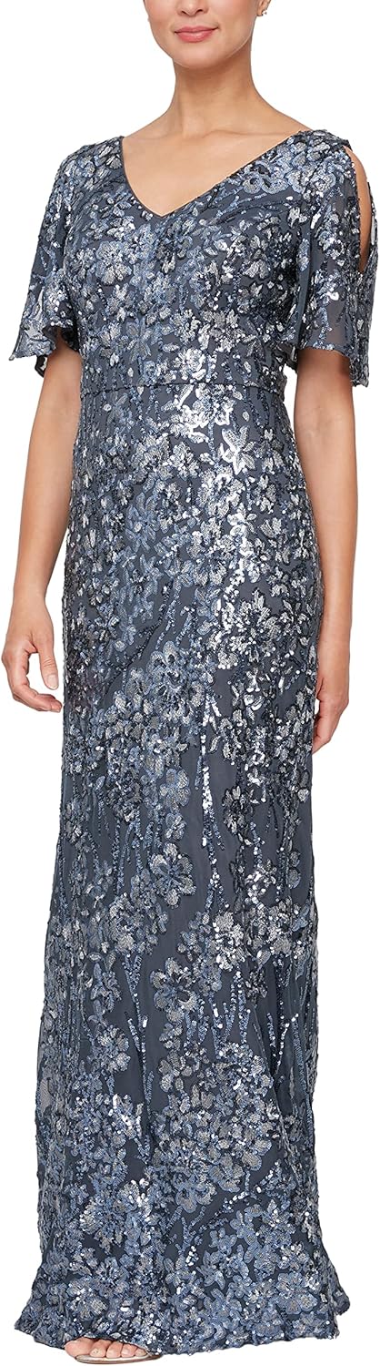Alex Evenings Women's Long Mother of The Bride Sequin Dress with Cold Shoulder Flutter Sleeves (Petite and Regular Sizes) - Image 14