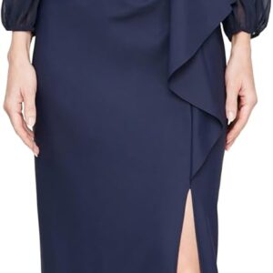 Alex Evenings Women's Long Off The Shoulder Mother of The Bride Dress with Illusion Sleeves, Cascade Ruffle & Front Slit