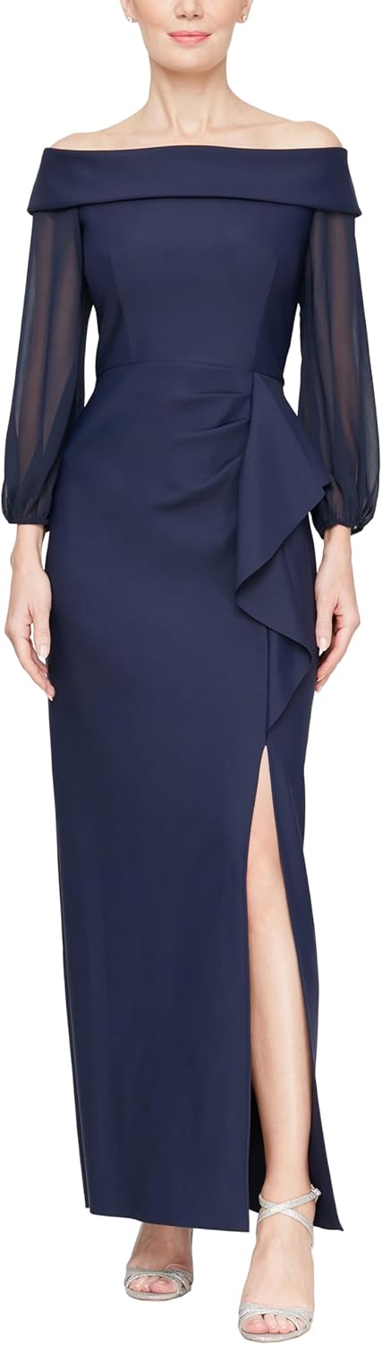 Alex Evenings Women's Long Off The Shoulder Mother of The Bride Dress with Illusion Sleeves, Cascade Ruffle & Front Slit