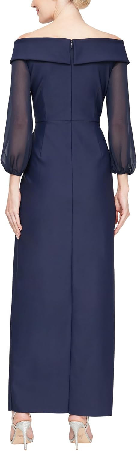 Alex Evenings Women's Long Off The Shoulder Mother of The Bride Dress with Illusion Sleeves, Cascade Ruffle & Front Slit - Image 2