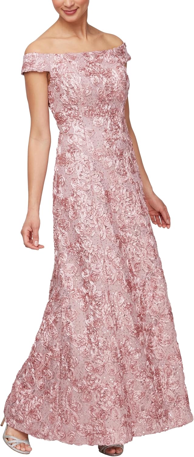 Alex Evenings Women's Long Rosette Off The Shoulder A-line Dress, Formal Event, Weddings (Petite and Regular Sizes)