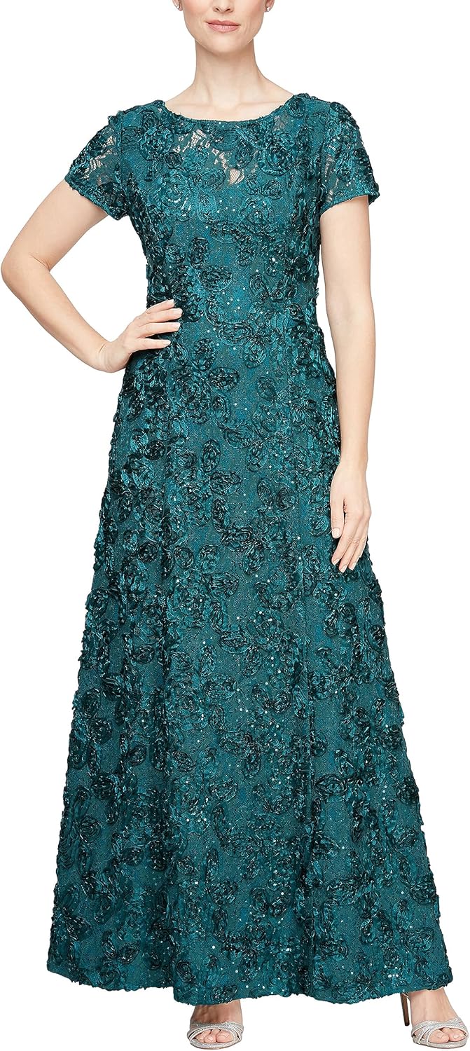 Alex Evenings Women's Plus Long Rosette Mother of The Bride Dress with Short Sleeves, Formal Gown, Wedding Guest - Image 9