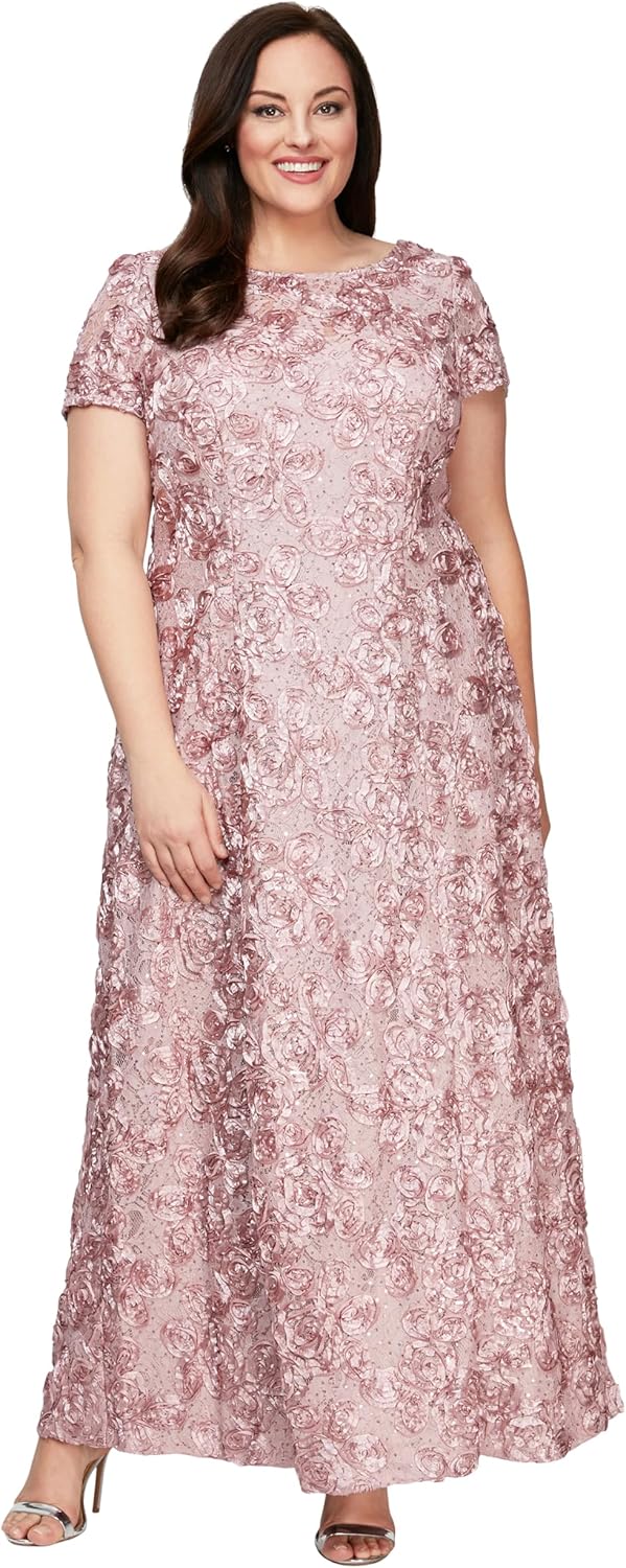 Alex Evenings Women's Plus Long Rosette Mother of The Bride Dress with Short Sleeves, Formal Gown, Wedding Guest - Image 7