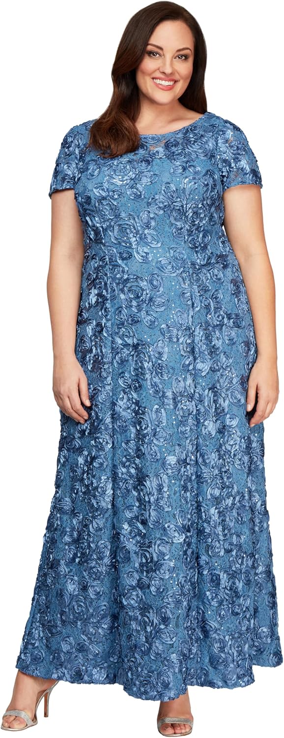 Alex Evenings Women's Plus Long Rosette Mother of The Bride Dress with Short Sleeves, Formal Gown, Wedding Guest