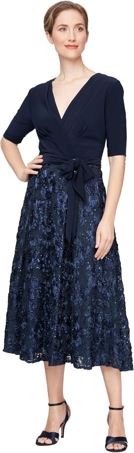 Alex Evenings Women's Plus Size Tea Length Dress with Rosette Detail - Image 15