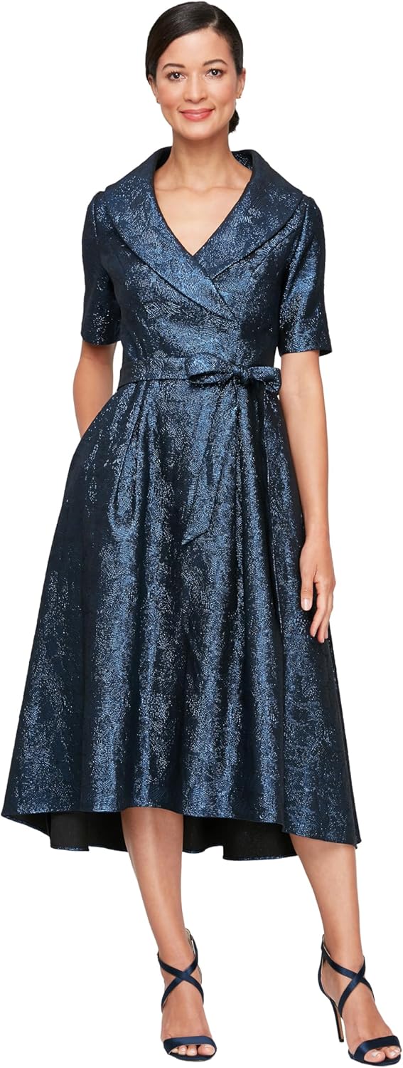Alex Evenings Women's Portrait Collar Dress with Full Skirt, Pockets, and Tie Belt - Image 3
