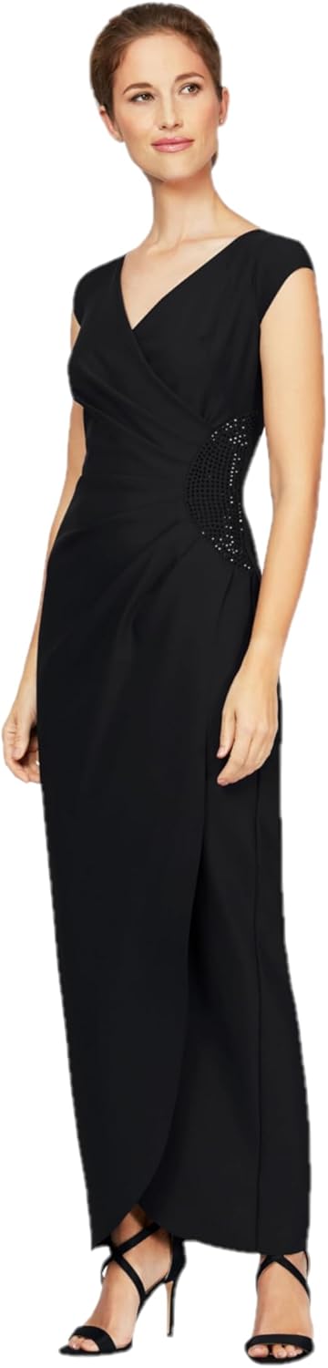 Alex Evenings Women's Slimming Long Cap Sleeve Dress with Side Beaded Detail