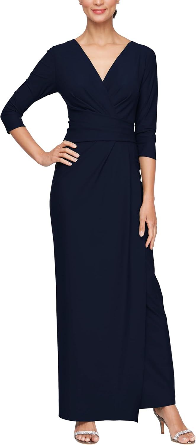 Alex Evenings Women's Slimming Long ¾ Sleeve Side-Ruched Dress-Elegant Compression Fabrication for a Flattering Fit