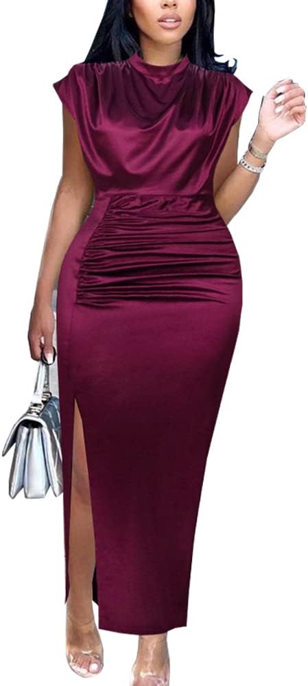 AOMEI Women's Cap Sleeve High Waist Ruched Slit Slim Elegant Long Satin Formal Dress - Image 6