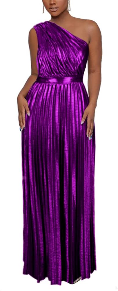 AOMEI Women's Luxury Metallic One Shoulder Sleeveless Elegant Pleated Long Dress - Image 9