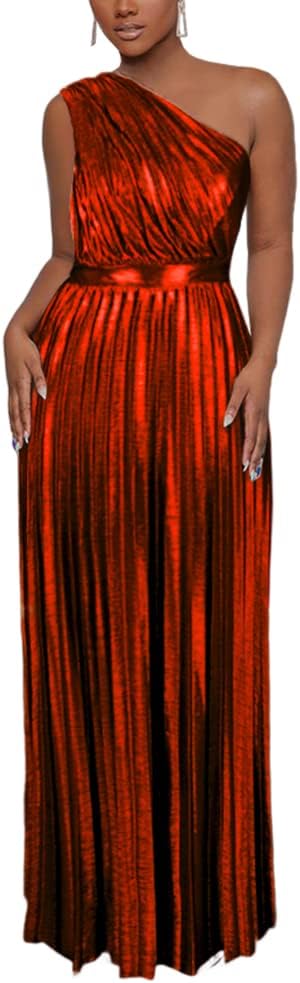 AOMEI Women's Luxury Metallic One Shoulder Sleeveless Elegant Pleated Long Dress - Image 7
