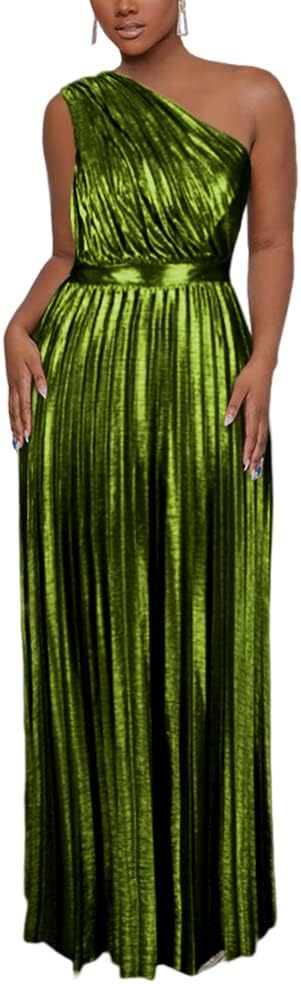 AOMEI Women's Luxury Metallic One Shoulder Sleeveless Elegant Pleated Long Dress - Image 10