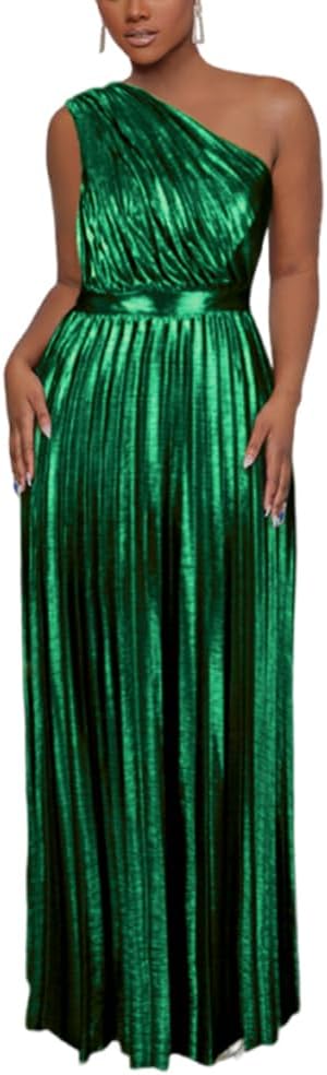 AOMEI Women's Luxury Metallic One Shoulder Sleeveless Elegant Pleated Long Dress - Image 8