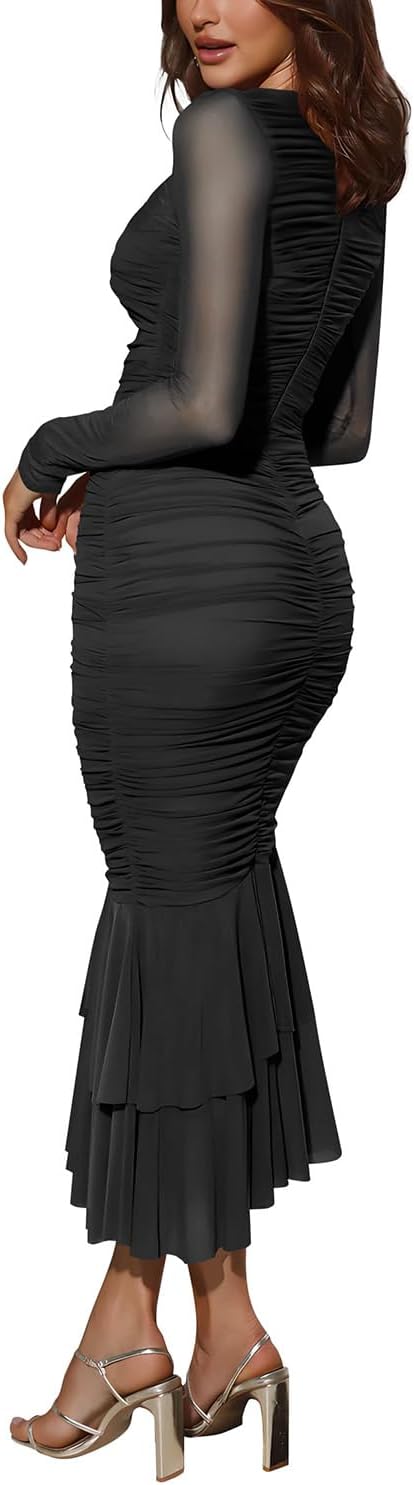 Atizon Women's Ruched Bodycon Long Sleeve Square Neck Wedding Guest Dress Formal Mermaid Evening Cocktail Party Maxi Dresses - Image 4