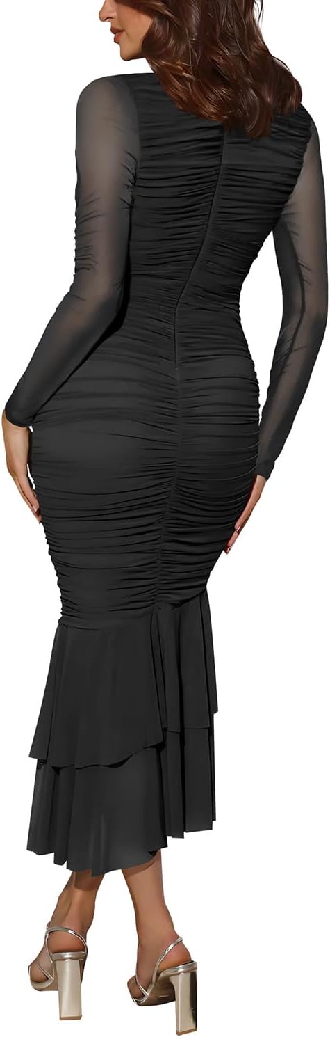 Atizon Women's Ruched Bodycon Long Sleeve Square Neck Wedding Guest Dress Formal Mermaid Evening Cocktail Party Maxi Dresses - Image 5