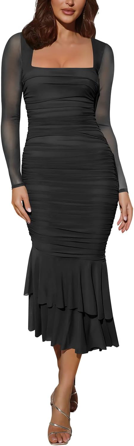 Atizon Women's Ruched Bodycon Long Sleeve Square Neck Wedding Guest Dress Formal Mermaid Evening Cocktail Party Maxi Dresses