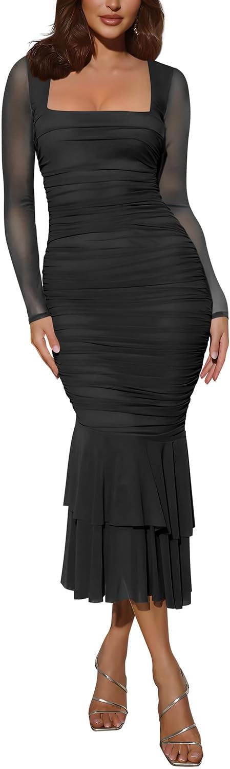 Atizon Women's Ruched Bodycon Long Sleeve Square Neck Wedding Guest Dress Formal Mermaid Evening Cocktail Party Maxi Dresses - Image 2