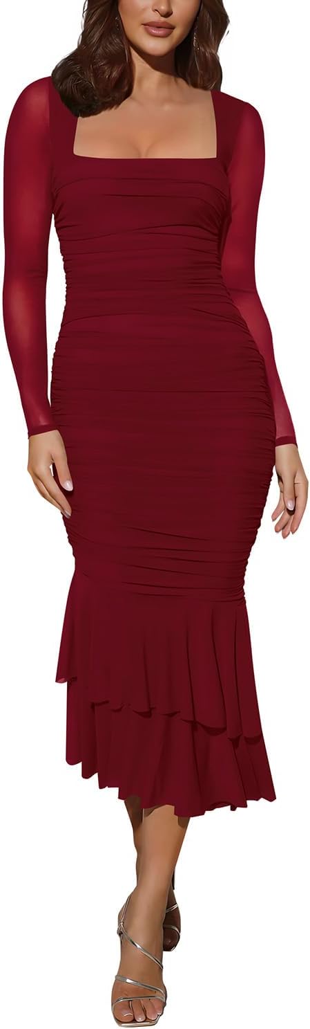 Atizon Women's Ruched Bodycon Long Sleeve Square Neck Wedding Guest Dress Formal Mermaid Evening Cocktail Party Maxi Dresses - Image 6