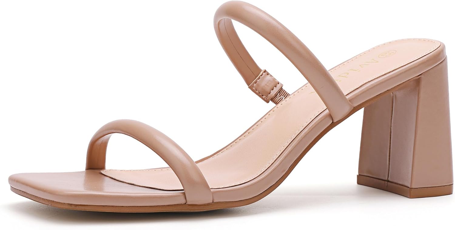 Avidirk Women's Square Open Toe Heeled Sandals Two Strap Mules Slip On Block Chunky Mid Heels Sandals - Image 14