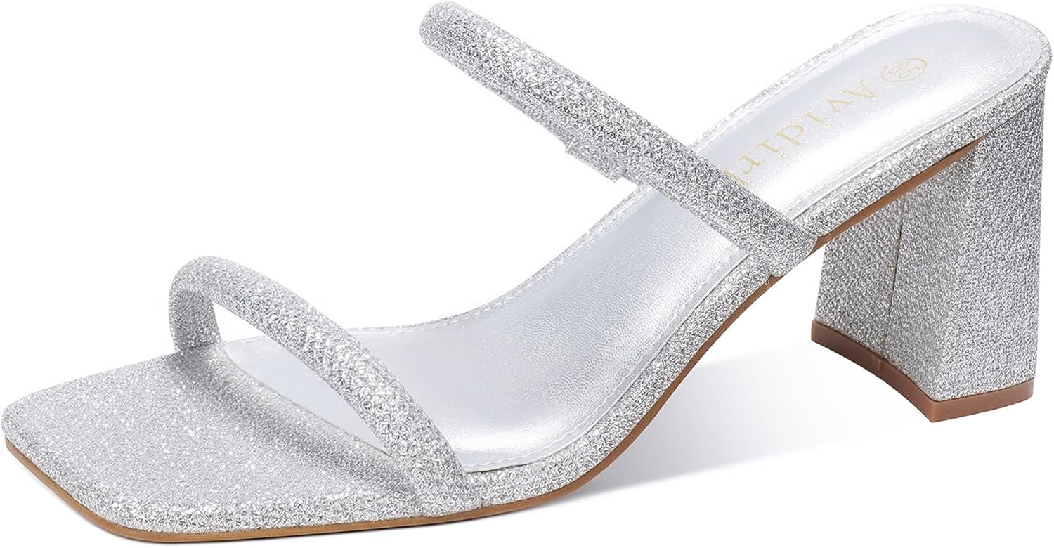 Avidirk Women's Square Open Toe Heeled Sandals Two Strap Mules Slip On Block Chunky Mid Heels Sandals - Image 9