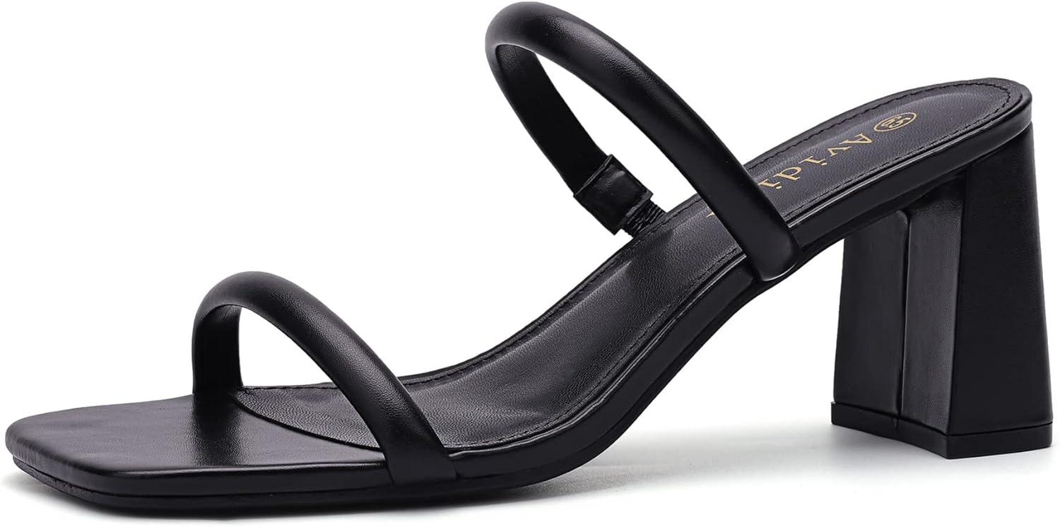 Avidirk Women's Square Open Toe Heeled Sandals Two Strap Mules Slip On Block Chunky Mid Heels Sandals - Image 13
