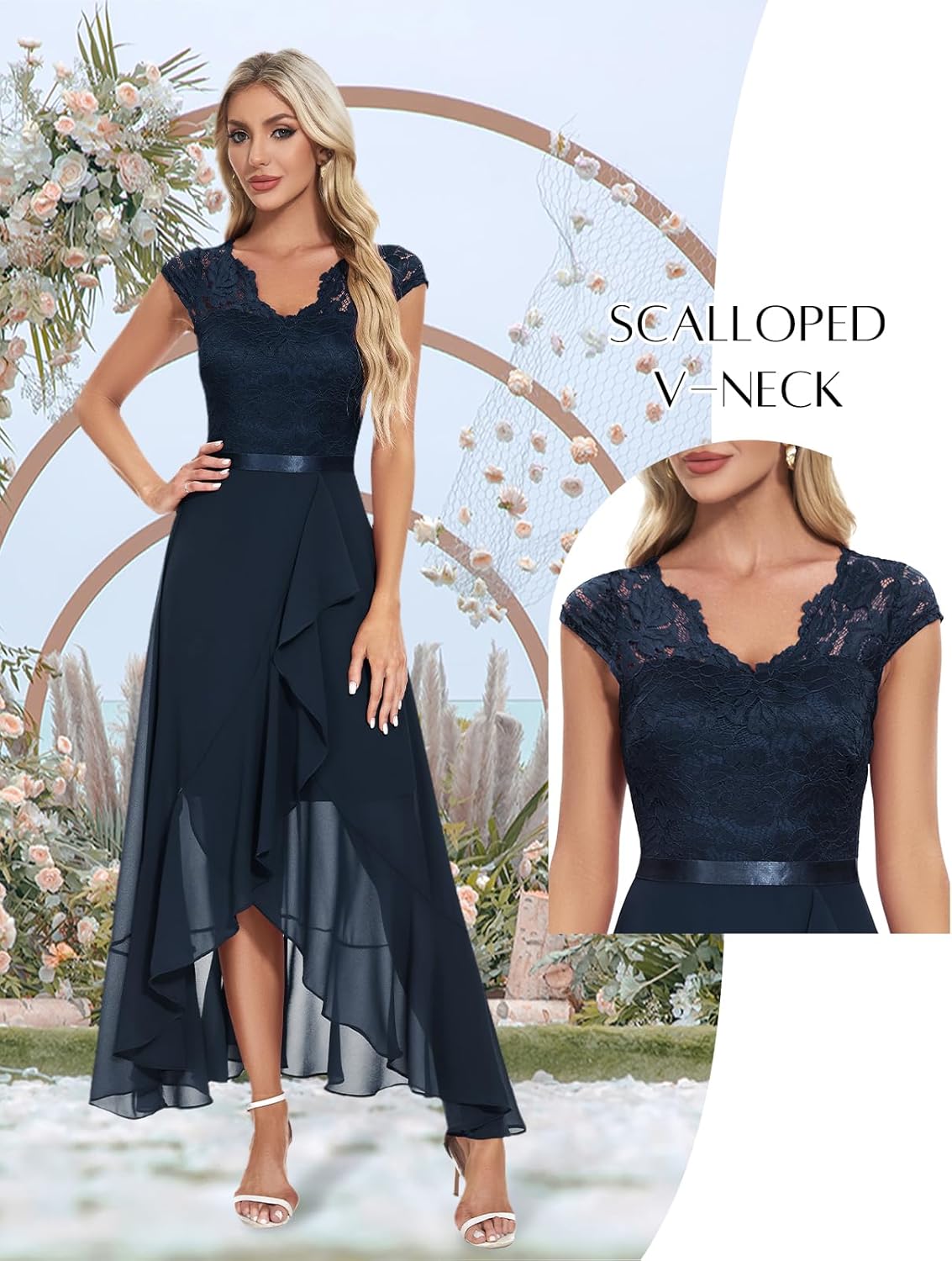 Bbonlinedress Women's V-Neck Dress for Women Wedding Guest Hi-Lo Floral Lace Prom Cocktail Party Formal Bridesmaid Dress - Image 3