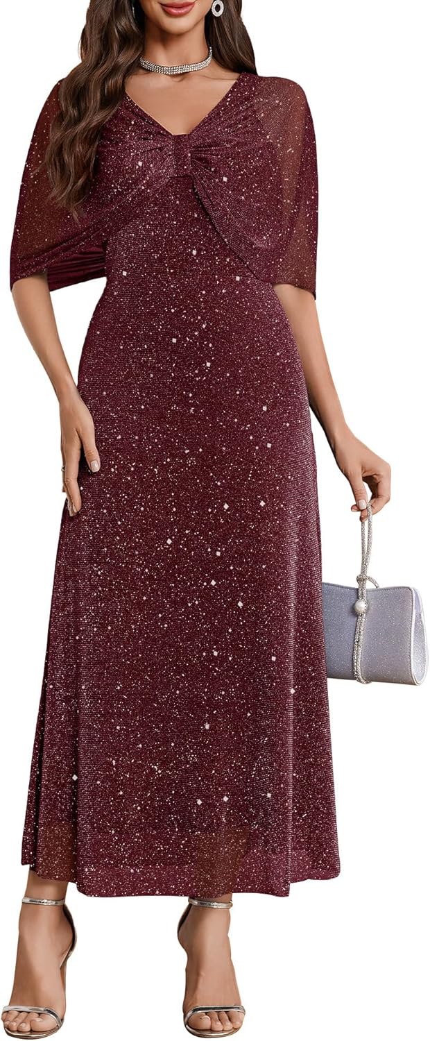 BeryLove Women Sequin Formal Party Dress Cocktail Evening Gown Wedding Dresses with Shawl - Image 12