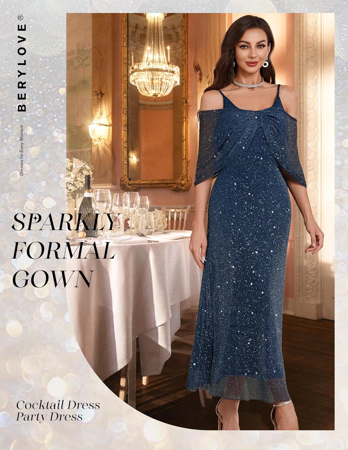BeryLove Women Sequin Formal Party Dress Cocktail Evening Gown Wedding Dresses with Shawl - Image 4