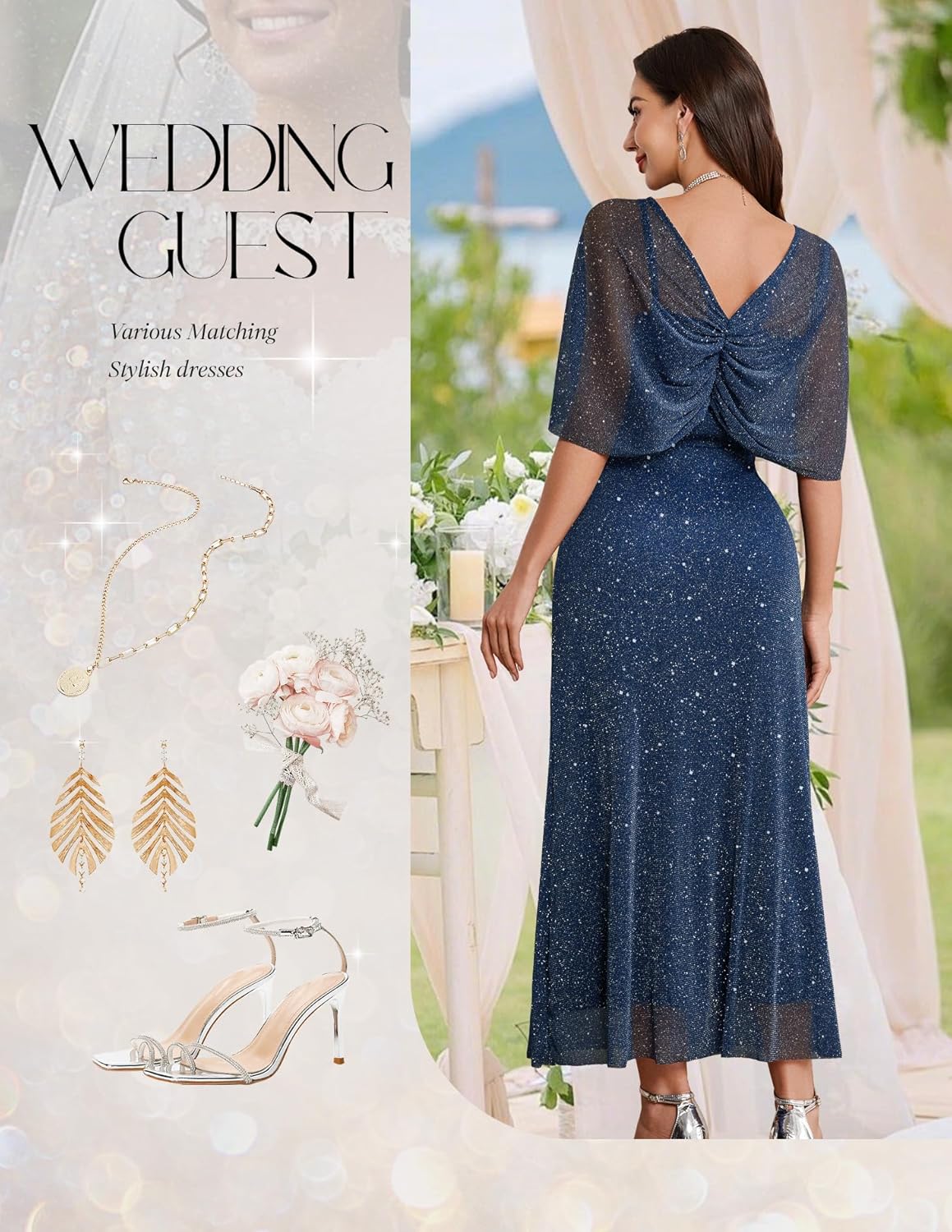 BeryLove Women Sequin Formal Party Dress Cocktail Evening Gown Wedding Dresses with Shawl - Image 6