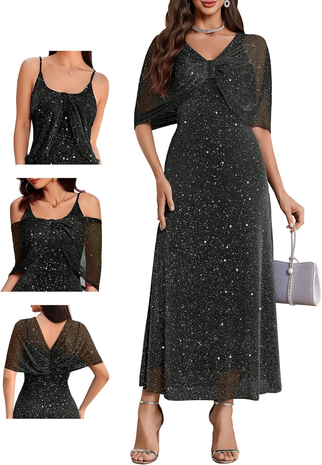 BeryLove Women Sequin Formal Party Dress Cocktail Evening Gown Wedding Dresses with Shawl - Image 16