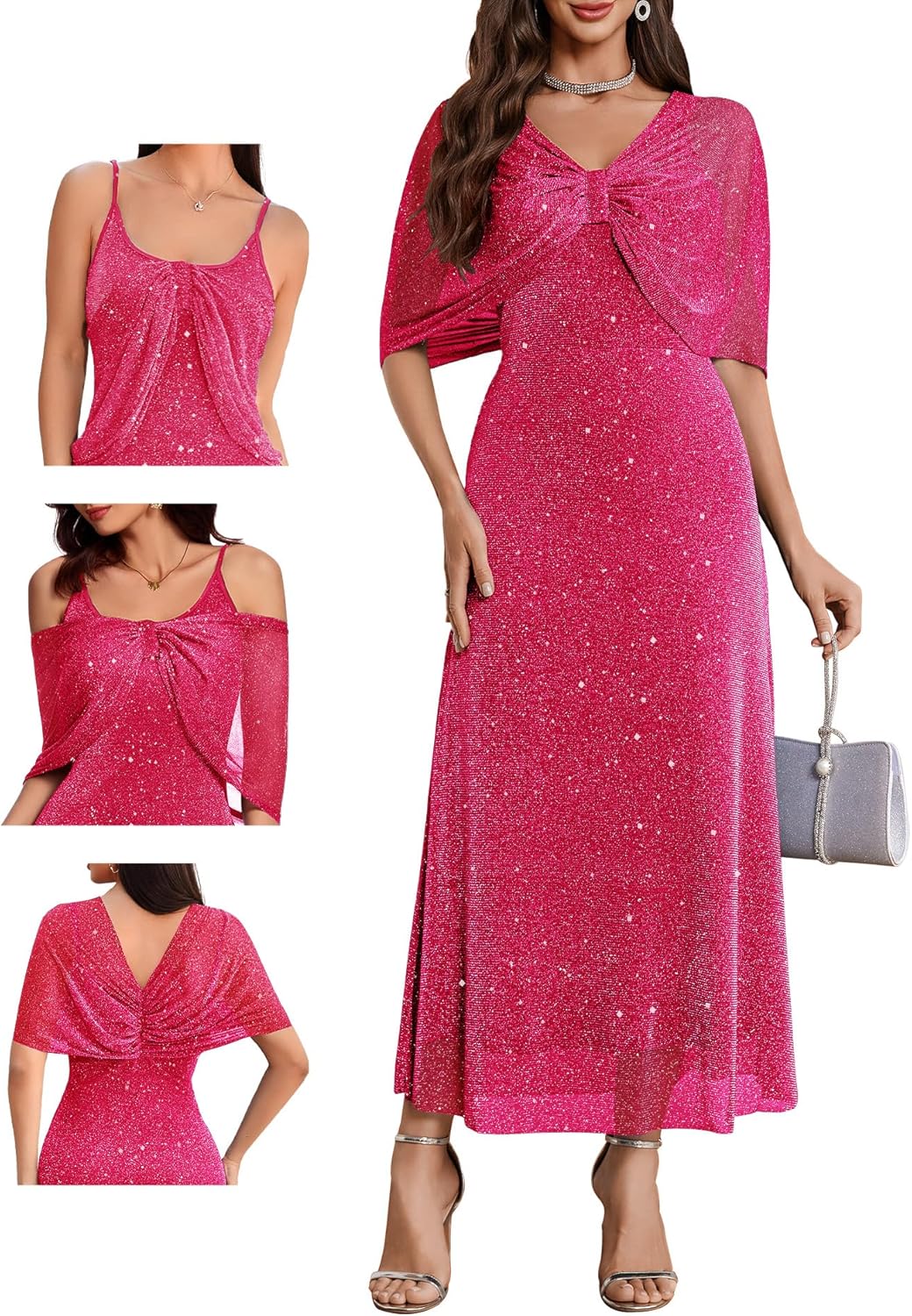 BeryLove Women Sequin Formal Party Dress Cocktail Evening Gown Wedding Dresses with Shawl - Image 13