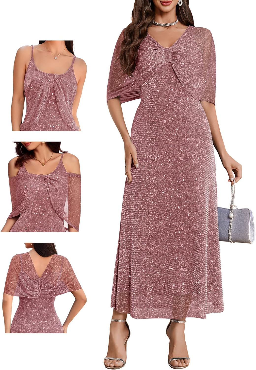 BeryLove Women Sequin Formal Party Dress Cocktail Evening Gown Wedding Dresses with Shawl - Image 11