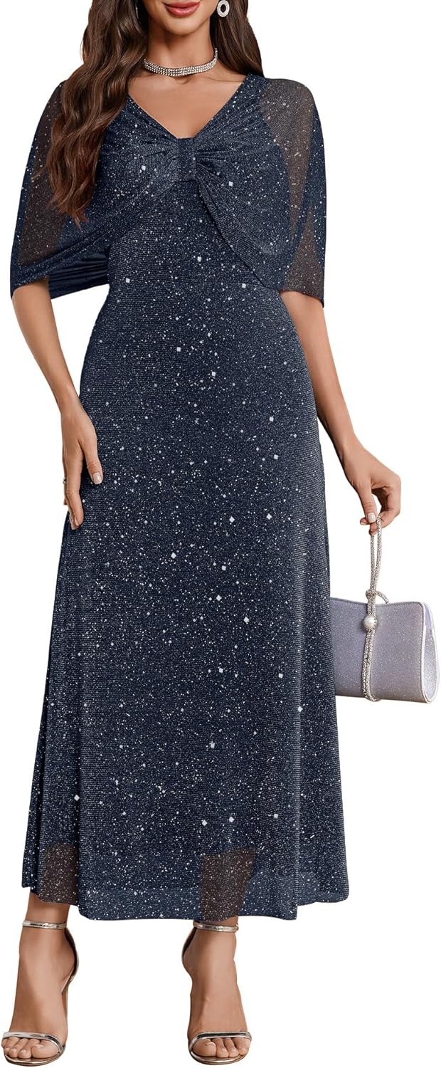 BeryLove Women Sequin Formal Party Dress Cocktail Evening Gown Wedding Dresses with Shawl - Image 8